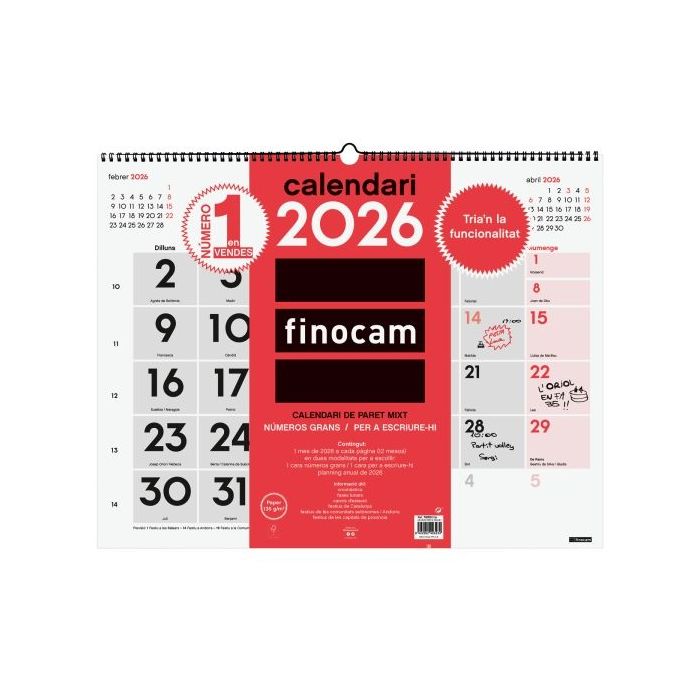 Finocam Calendario de Pared en Catalan - Anual 2026 - Espacio para Escribir - Formato XL - 540x5x430mm - Numeros Grandes - Color Blanco y Rojo