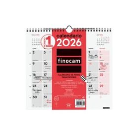 Finocam Calendario de Pared - Anual 2026 - Formato M - 265x5x255mm - Espacio para Escribir - Color Blanco y Rojo