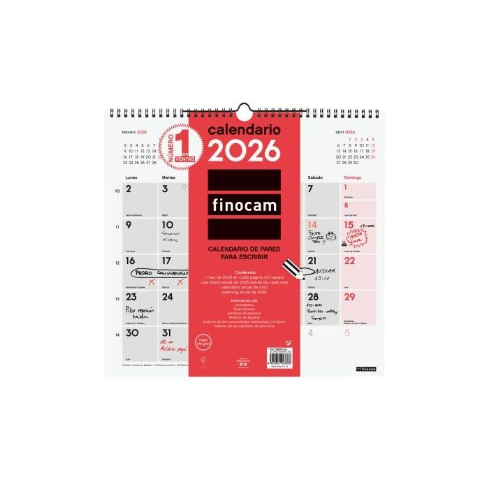 Finocam Calendario de Pared - Anual 2026 - 340x5x330mm - Espacio para Escribir - Color Blanco y Rojo