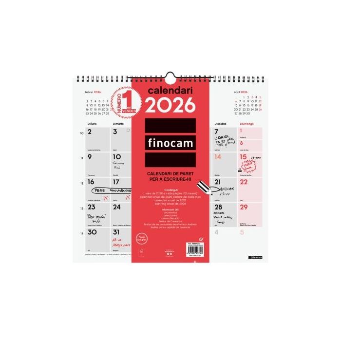 Finocam Calendario de Pared en Catalan - Anual 2026 - 340x5x330mm - Espacio para Escribir - Color Blanco y Rojo
