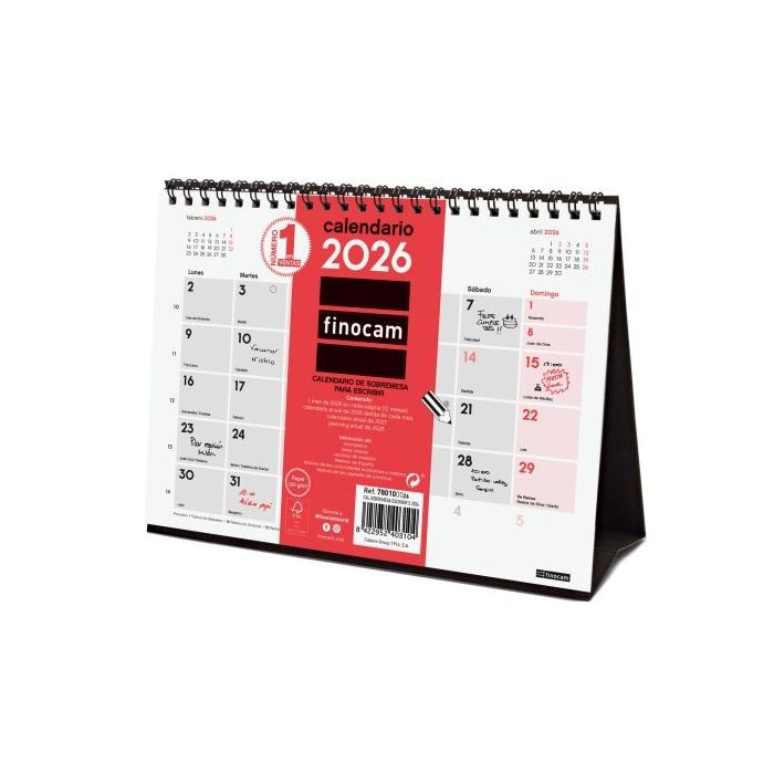 Finocam Calendario de Sobremesa - Anual 2026 - 210x70x155mm - Espacio para Escribir - Color Blanco y Rojo
