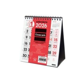 Finocam Calendario de Sobremesa - Anual 2026 - 140x70x155mm - Numeros Grandes - Color Blanco y Rojo