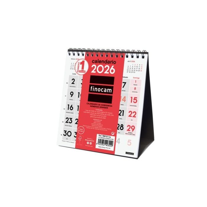 Finocam Calendario de Sobremesa - Anual 2026 - 140x70x155mm - Numeros Grandes - Color Blanco y Rojo