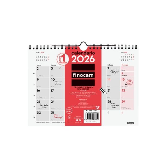 Finocam Calendario de Pared - Anual 2026 - 210x5x160mm - Espacio para Escribir - Color Blanco y Rojo