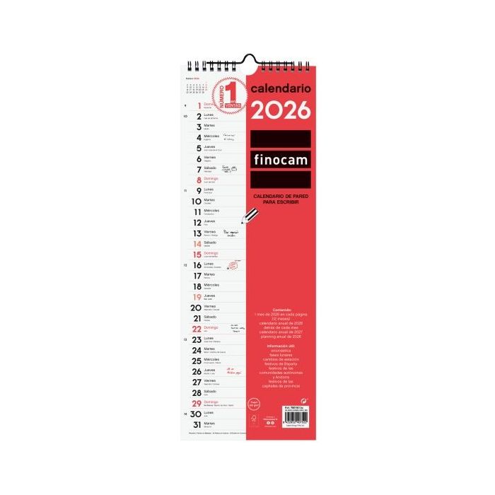 Finocam Calendario de Pared - Anual 2026 - 155x5x440mm - Espacio para Escribir - Color Blanco y Rojo