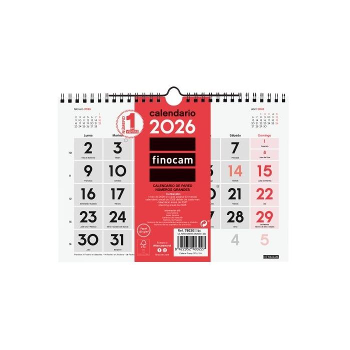 Finocam Calendario de Pared - Anual 2026 - 210x5x155mm - Numeros Grandes - Color Blanco y Rojo