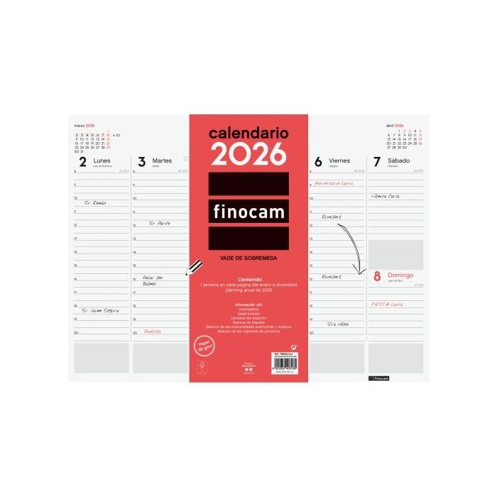 Finocam Vade Protector de Escritorio - Anual 2026 - Encolado - 420x7x310mm - Semana Vista en Vertical - Color Blanco y Rojo