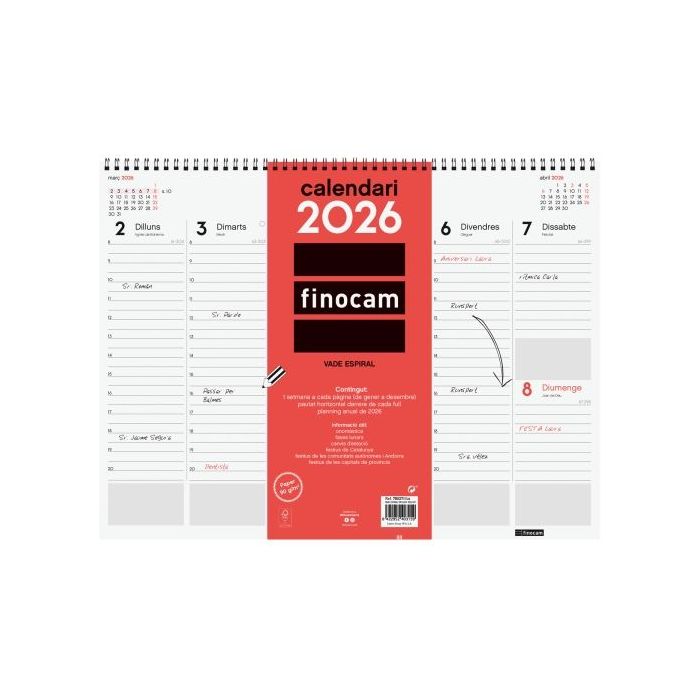 Finocam Vade Calendario de Sobremesa en Catalan - Anual 2026 - con Espiral - 420x8x320mm - Semana Vista en Vertical - Color Blanco y Rojo