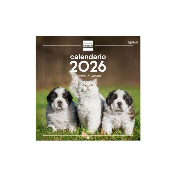 Finocam Calendario de Pared - Anual 2026 - Imagenes Variadas - 300x300mm - Espacio para Escribir - Tematica de Perros y Gatos