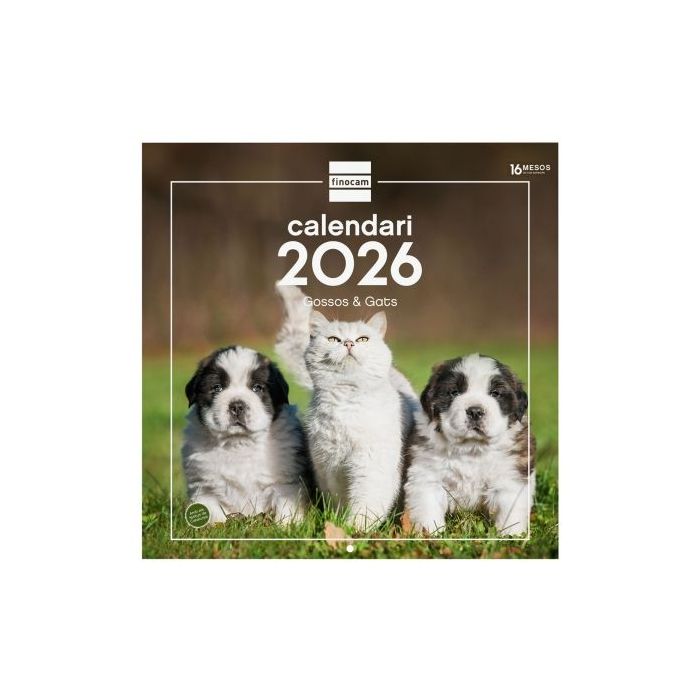 Finocam Calendario de Pared en Catalan - Anual 2026 - Imagenes Variadas - 300x300mm - Espacio para Escribir - Tematica de Perros y Gatos