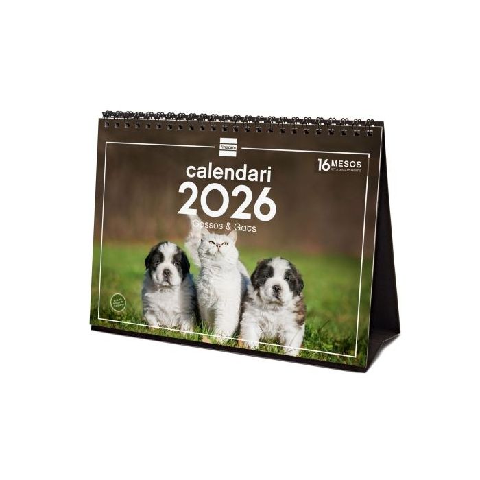 Finocam Calendario de Sobremesa en Catalan - Anual 2026 - Imagenes Variadas - Espacio para Escribir - Tematica de Perros y Gatos