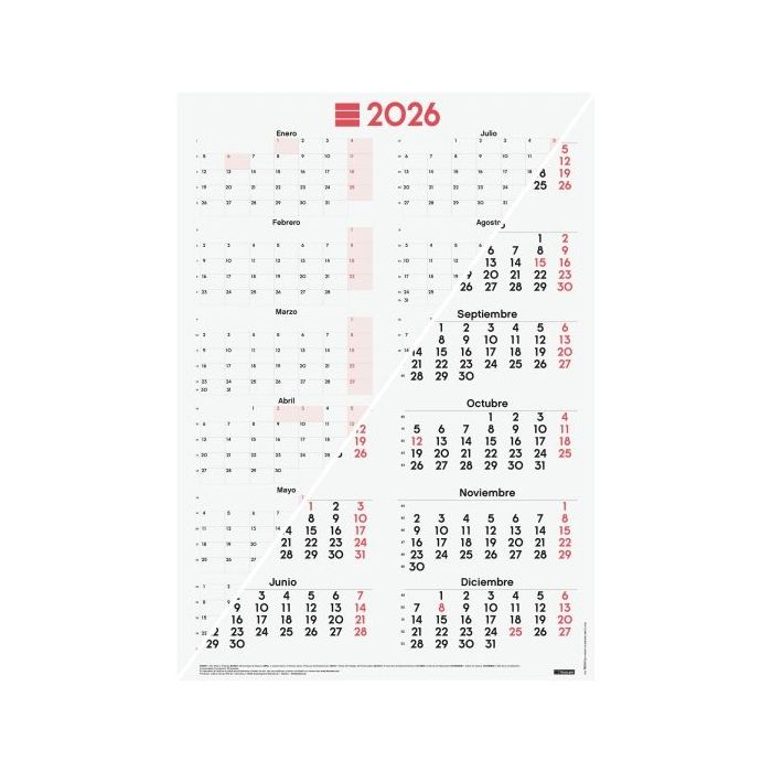 Finocam Poster Calendario Tipo Poster - Anual 2026 - Espacio para Escribir - 485x680mm - Numeros Grandes - Color Blanco y Rojo