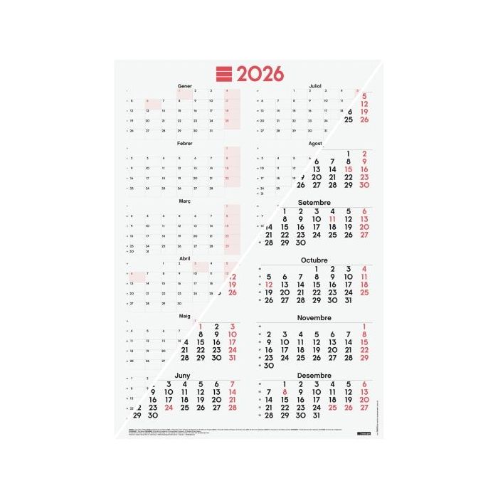 Finocam Poster Calendario Tipo Poster en Catalan - Anual 2026 - Espacio para Escribir - 485x680mm - Numeros Grandes - Color Blanco y Rojo