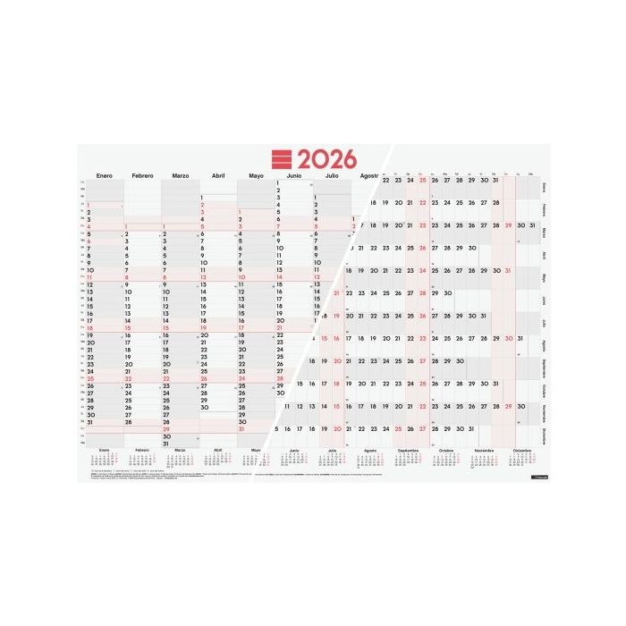 Finocam Planificador de Tipo Poster - Anual 2026 - Espacio para Escribir - 680x485mm - Numeros Grandes - Color Blanco y Rojo