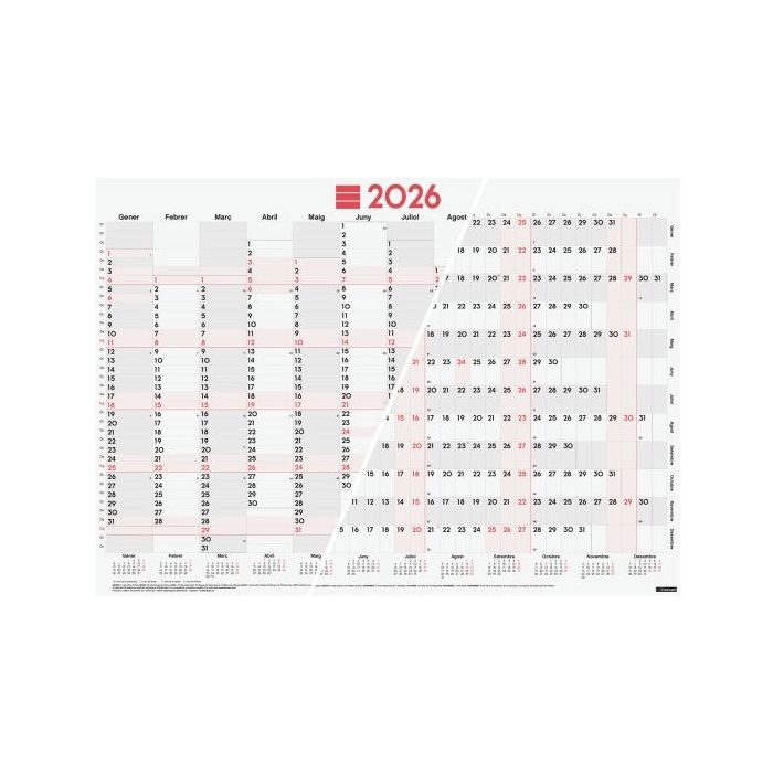 Finocam Planificador de Tipo Poster en Catalan - Anual 2026 - Espacio para Escribir - 680x485mm - Numeros Grandes - Color Blanco y Rojo