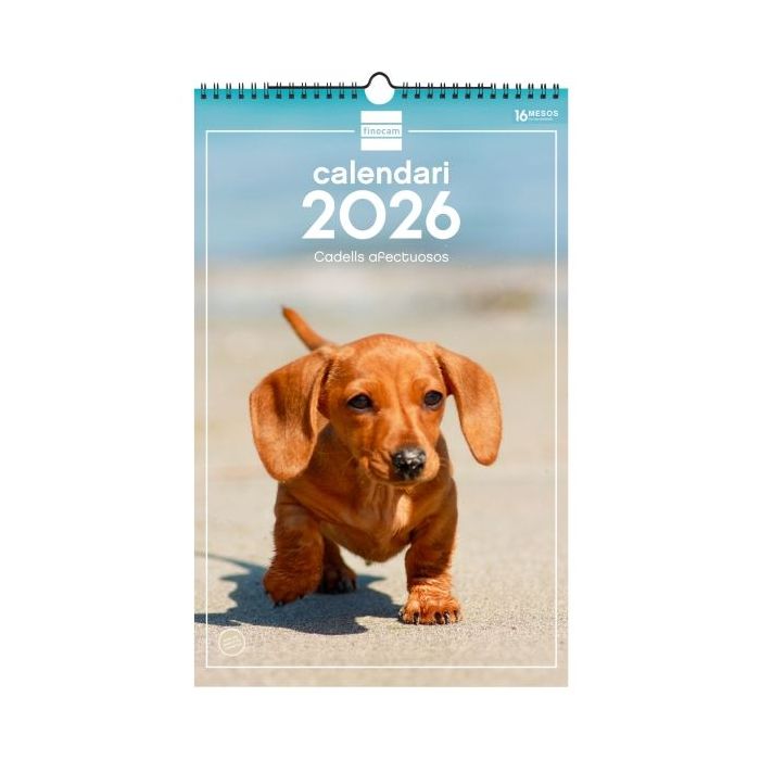 Finocam Calendario de Pared en Catalan - Anual 2026 - Imagenes Variadas - con Espiral - Espacio para Escribir - Tematica de Cachorros
