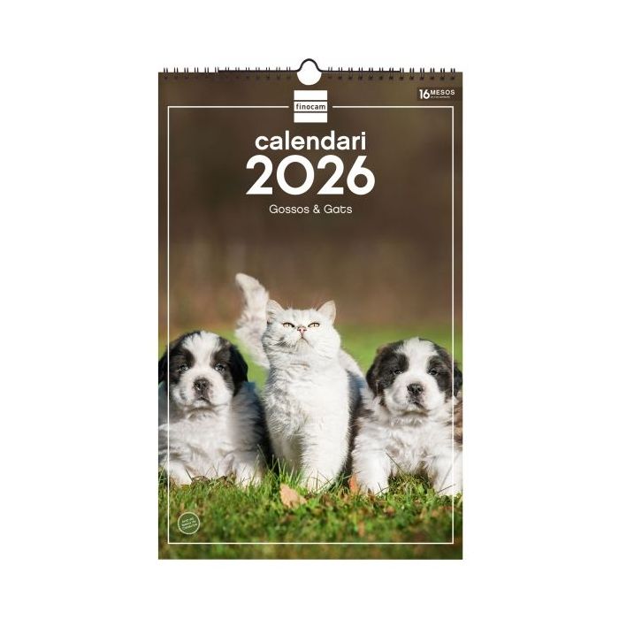 Finocam Calendario de Pared en Catalan - Anual 2026 - Imagenes Variadas - con Espiral - Espacio para Escribir - Tematica de Perros y Gatos