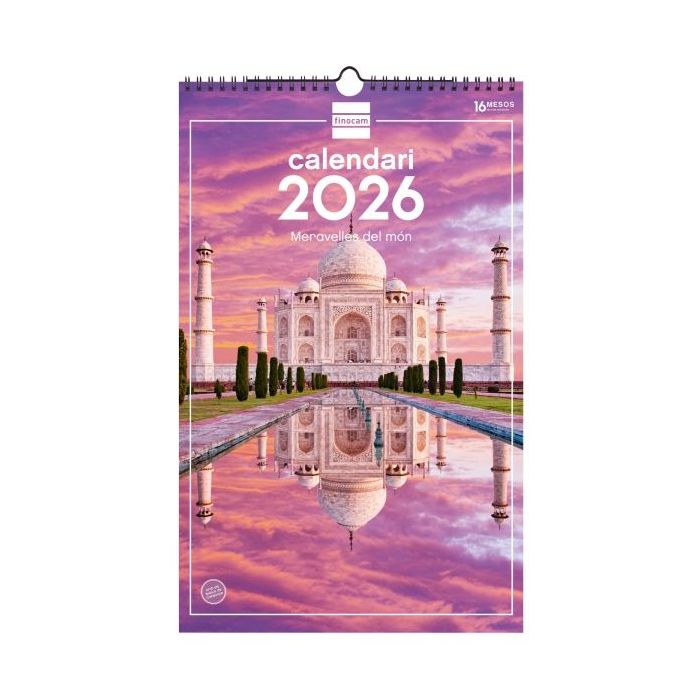 Finocam Calendario de Pared en Catalan - Anual 2026 - Imagenes Variadas - con Espiral - Espacio para Escribir - Tematica de Maravillas Del Mundo