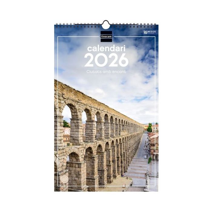 Finocam Calendario de Pared en Catalan - Anual 2026 - Imagenes Variadas - con Espiral - Espacio para Escribir - Tematica de Ciudades y Pueblos