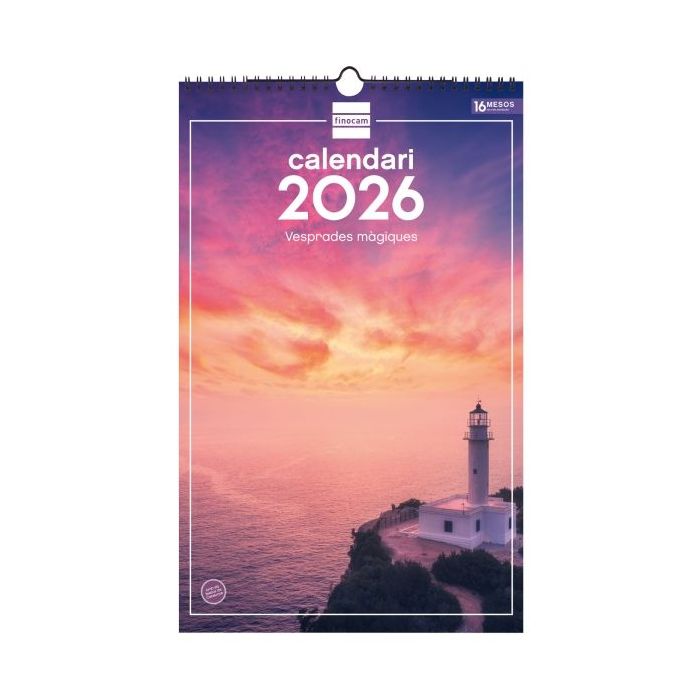 Finocam Calendario de Pared en Catalan - Anual 2026 - Imagenes Variadas - con Espiral - Espacio para Escribir - Tematica de Atardeceres Magicos