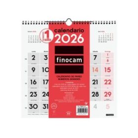 Finocam Calendario de Pared - Anual 2026 - 300x5x310mm - Numeros Grandes - Color Blanco y Rojo