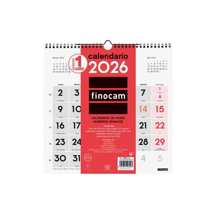 Finocam Calendario de Pared - Anual 2026 - 300x5x310mm - Numeros Grandes - Color Blanco y Rojo