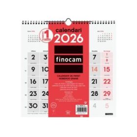 Finocam Calendario de Pared en Catalan - Anual 2026 - 300x5x310mm - Numeros Grandes - Color Blanco y Rojo