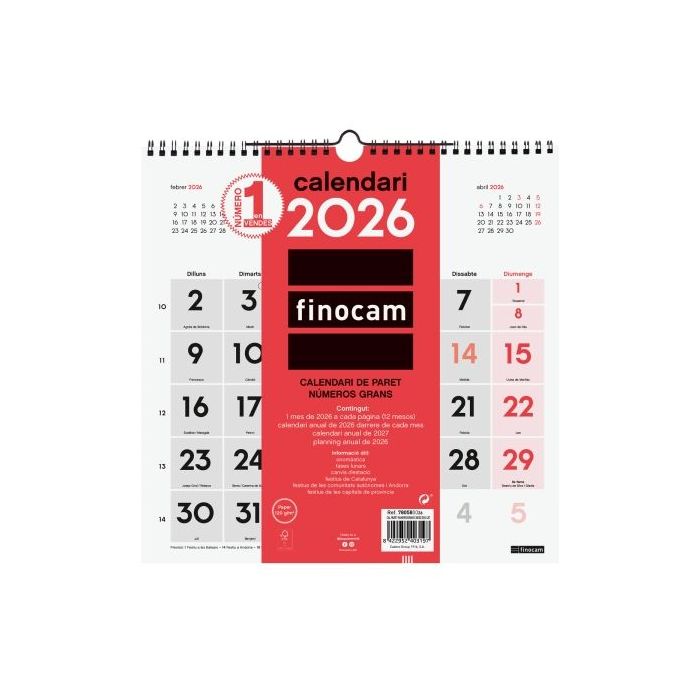 Finocam Calendario de Pared en Catalan - Anual 2026 - 300x5x310mm - Numeros Grandes - Color Blanco y Rojo