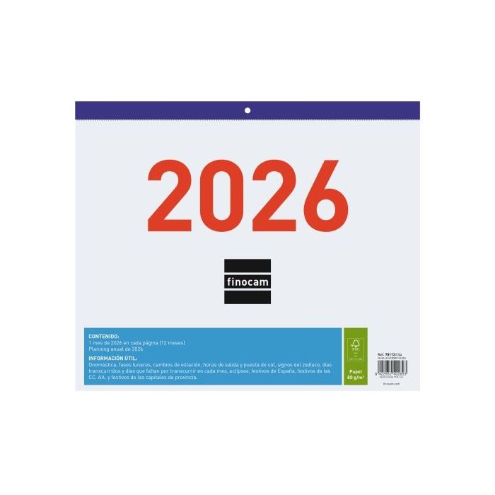 Finocam Calendario Faldilla - Anual 2026 - Formato F43 - 300x3x247mm - Espacio para Escribir - Color Blanco y Azul