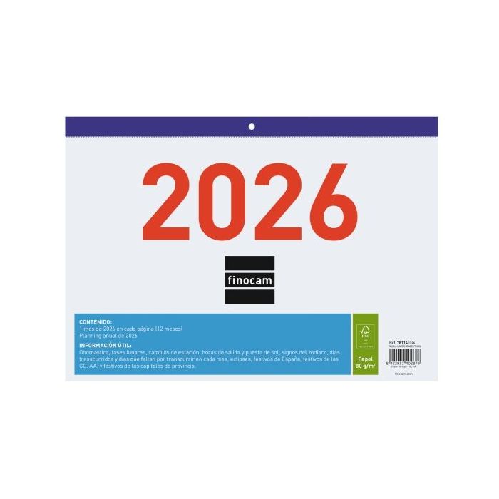 Finocam Calendario Faldilla - Anual 2026 - Formato F93 - 300x3x210mm - Numeros Grandes - Color Blanco y Azul