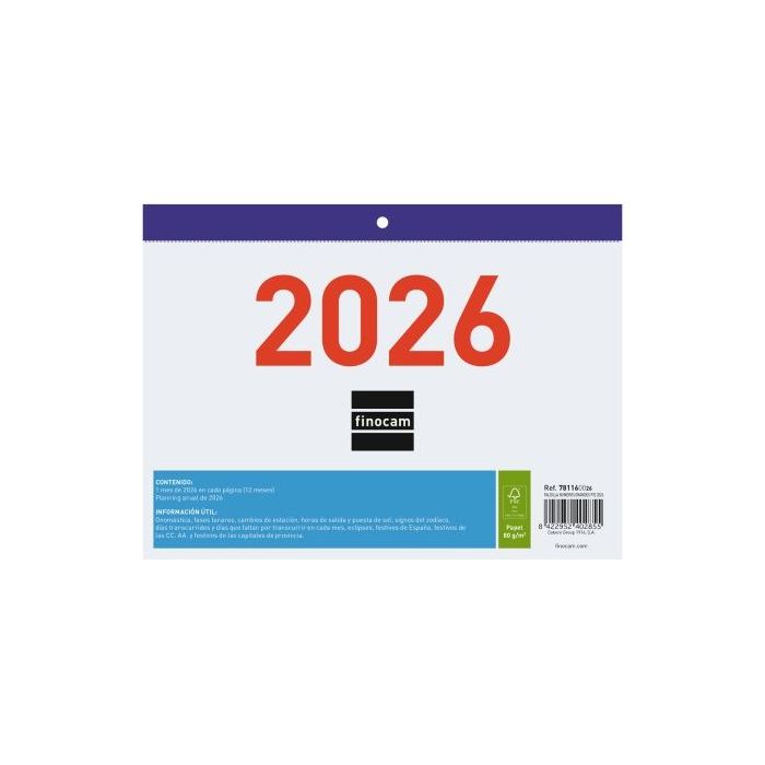 Finocam Calendario Faldilla - Anual 2026 - Formato F92 - 210x3x150mm - Numeros Grandes - Color Blanco y Azul