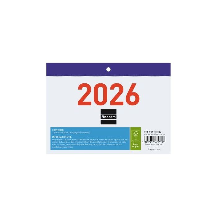 Finocam Calendario Faldilla - Anual 2026 - Formato F91 - 150x3x105mm - Numeros Grandes - Color Blanco y Azul