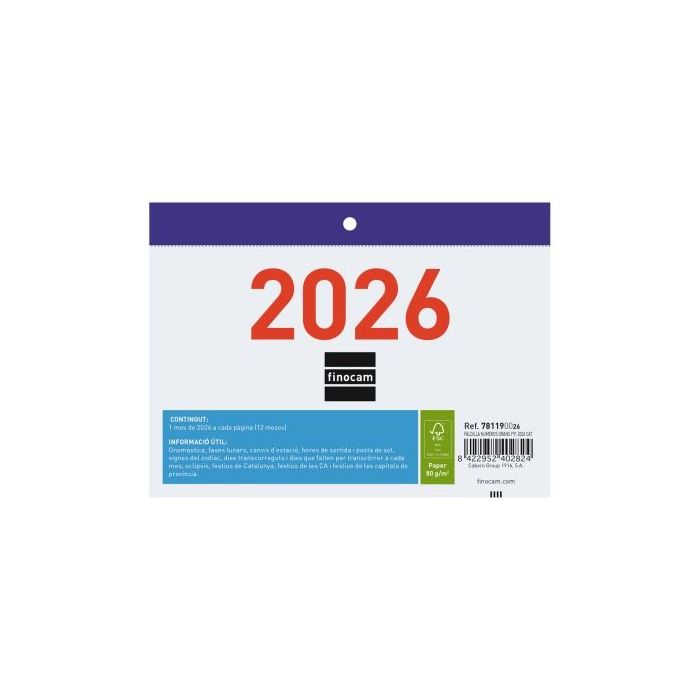 Finocam Calendario Faldilla en Catalan - Anual 2026 - Formato F91 - 150x3x105mm - Numeros Grandes - Color Blanco y Azul