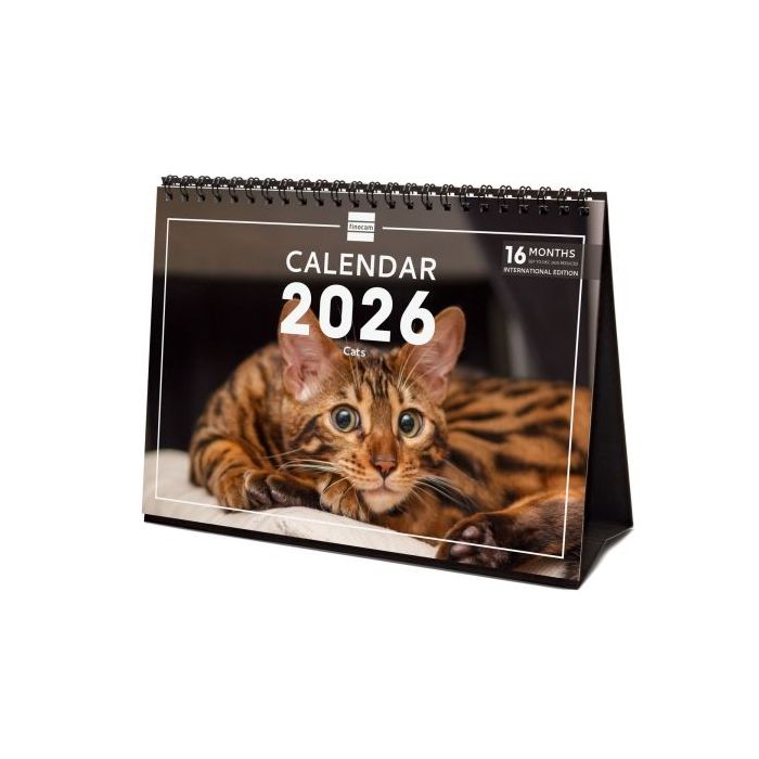 Finocam Calendario de Sobremesa Internacional - Anual 2026 - Imagenes Variadas - 210x70x155mm - Tematica de Gatos