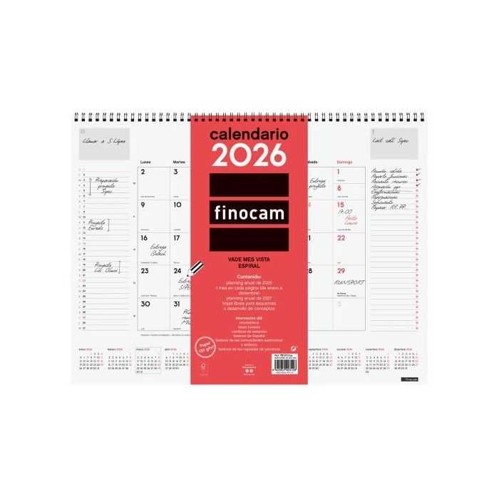 Finocam Vade Calendario de Sobremesa - Anual 2026 - con Espiral - 420x8x320mm - Mes Vista - Color Blanco y Rojo