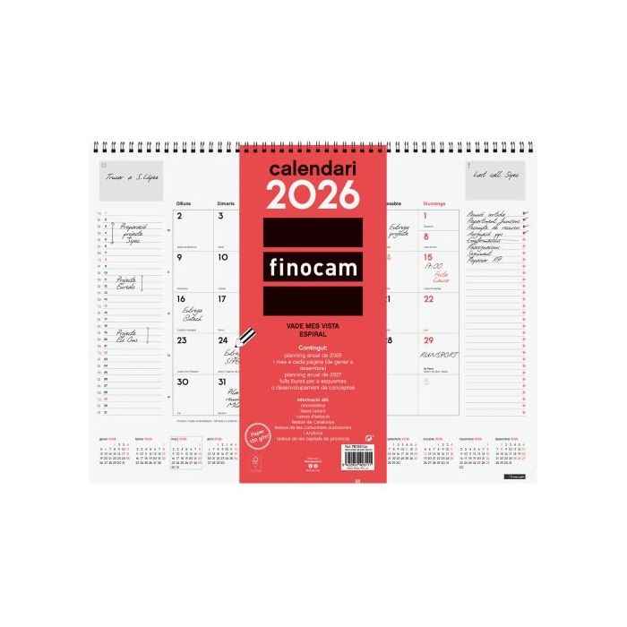 Finocam Vade Calendario de Sobremesa en Catalan - Anual 2026 - con Espiral - 420x8x320mm - Mes Vista - Color Blanco y Rojo
