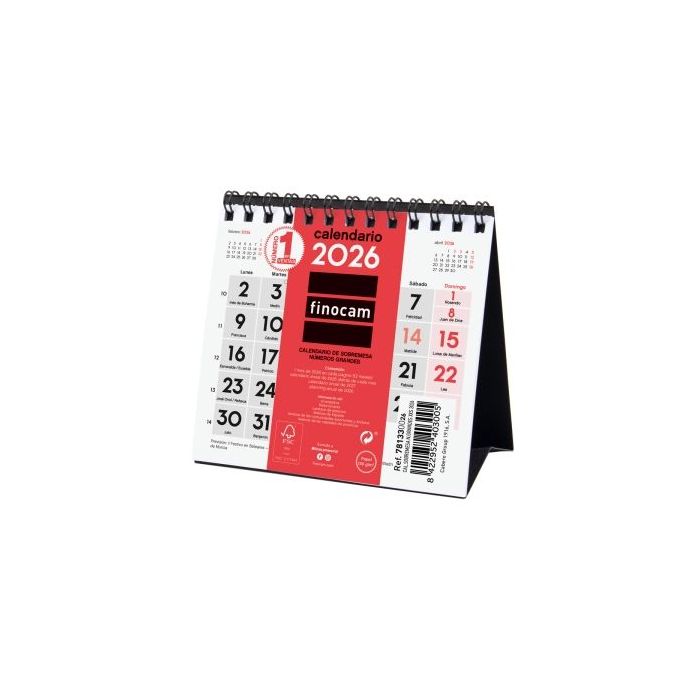 Finocam Calendario de Sobremesa - Anual 2026 - 110x40x140mm - Numeros Grandes - Color Blanco y Rojo