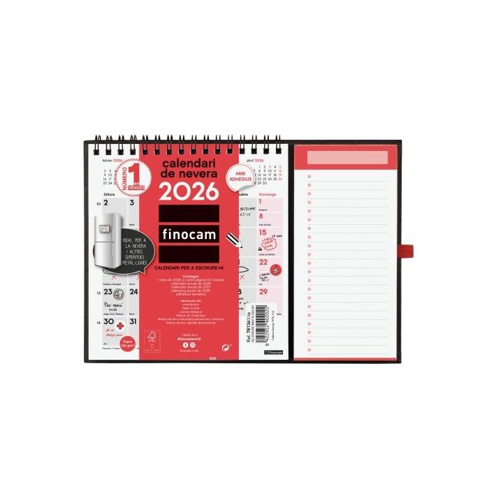 Finocam Calendario Imantado en Catalan - Anual 2026 - 224x12x160mm - Espacio para Escribir - Color Blanco y Rojo