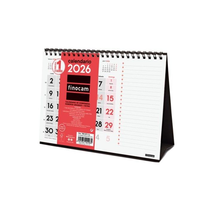 Finocam Calendario de Sobremesa - Anual 2026 - Espacio para Notas - 210x70x160mm - Numeros Grandes - Color Blanco y Rojo