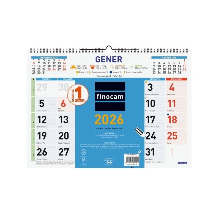 Finocam Calendario de Pared en Catalan - Anual 2026 - Espacio para Escribir - Formato L - 430x10x310mm - Numeros Grandes - Color Azul y Blanco