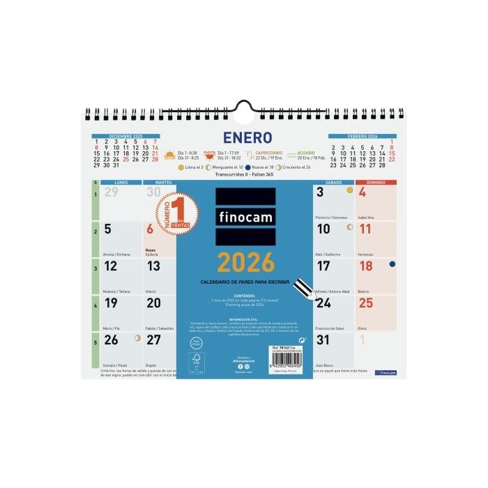 Finocam Calendario de Pared - Anual 2026 - Formato M - 300x10x255mm - Espacio para Escribir - Color Azul y Blanco