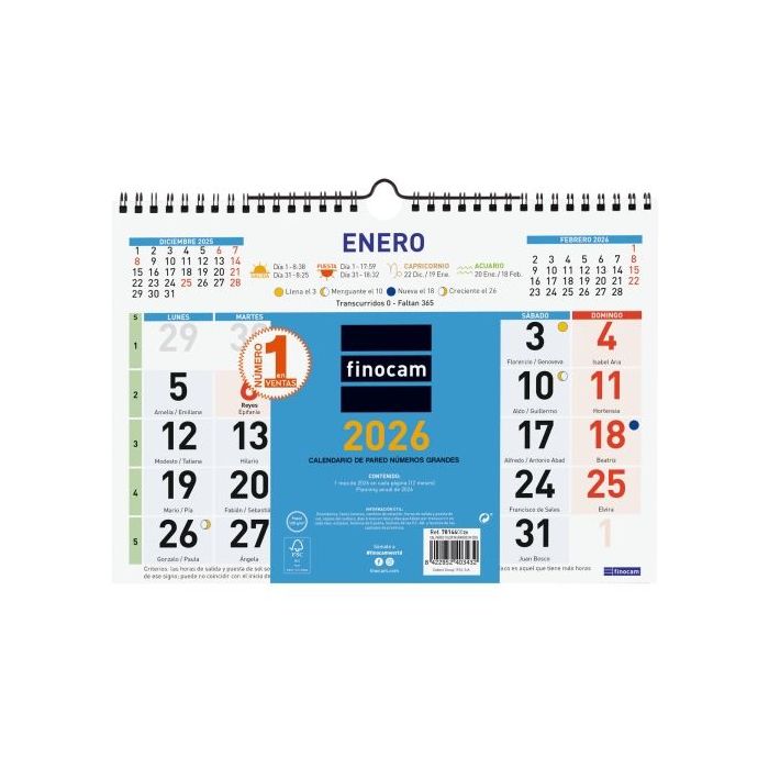 Finocam Calendario de Pared - Anual 2026 - Formato M - 300x10x220mm - Numeros Grandes - Color Azul y Blanco