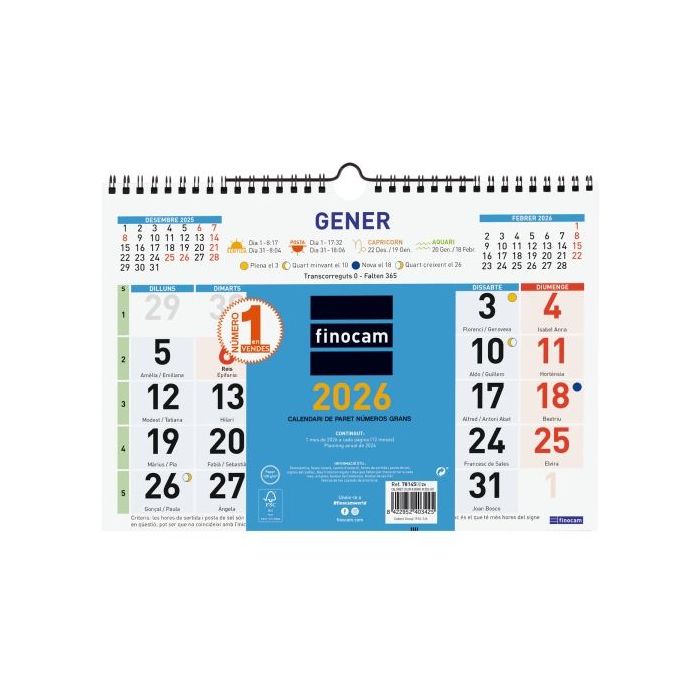 Finocam Calendario de Pared en Catalan - Anual 2026 - Formato M - 300x10x220mm - Numeros Grandes - Color Azul y Blanco