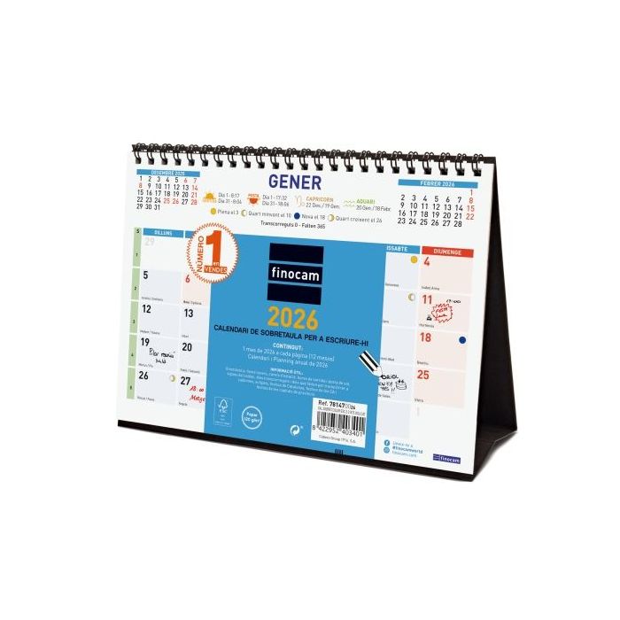 Finocam Calendario de Sobremesa en Catalan - Anual 2026 - Formato S - 210x70x155mm - Espacio para Escribir - Color Azul y Blanco