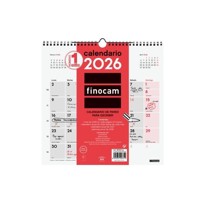 Finocam Calendario de Pared - Anual 2026 - 300x5x310mm - Espacio para Escribir - Color Blanco y Rojo