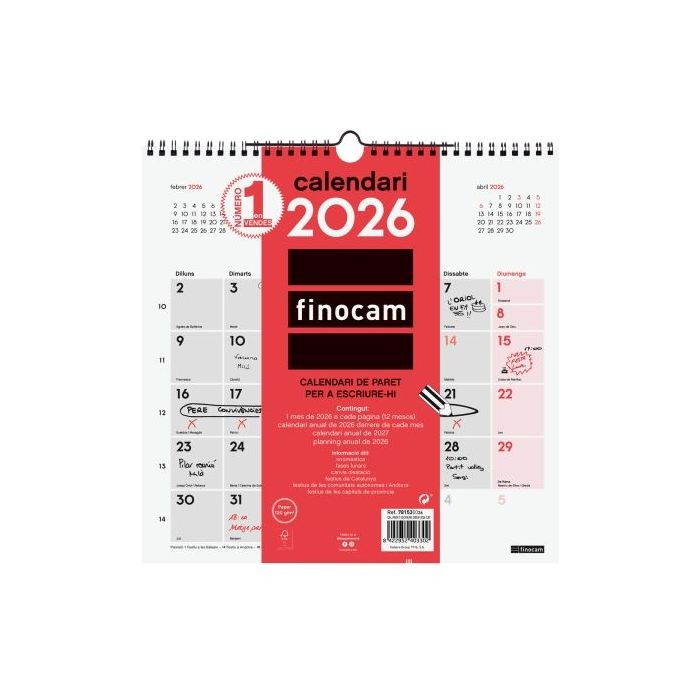 Finocam Calendario de Pared en Catalan - Anual 2026 - 300x5x310mm - Espacio para Escribir - Color Blanco y Rojo