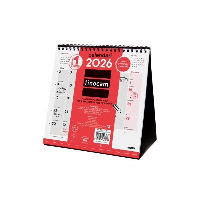 Finocam Calendario de Sobremesa en Catalan - Anual 2026 - Meses en Solapa - 190x70x205mm - Espacio para Escribir - Color Blanco y Rojo