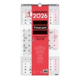 Finocam Calendario de Pared - Anual 2026 - Espacio para Escribir - 236x8x440mm - 3 Meses Vista - Color Blanco y Rojo