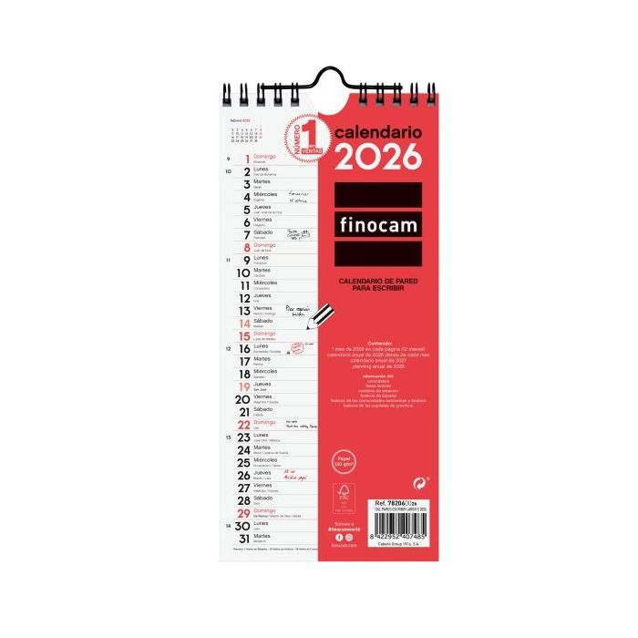 Finocam Calendario de Pared - Anual 2026 - 110x5x240mm - Espacio para Escribir - Color Blanco y Rojo