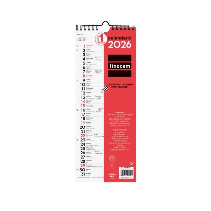 Finocam Calendario de Pared - Anual 2026 - Formato Largo M - 130x5x335mm - Espacio para Escribir - Color Blanco y Rojo